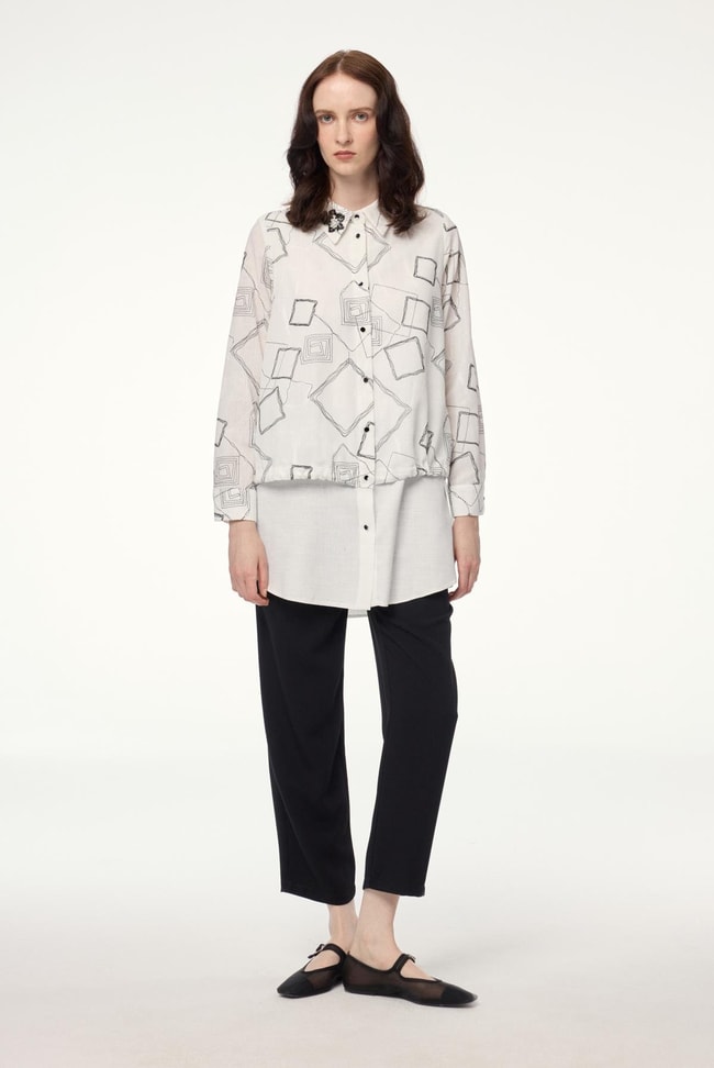 Geometrik Desenli Aksesuarlı Ekru Tunik T-1574