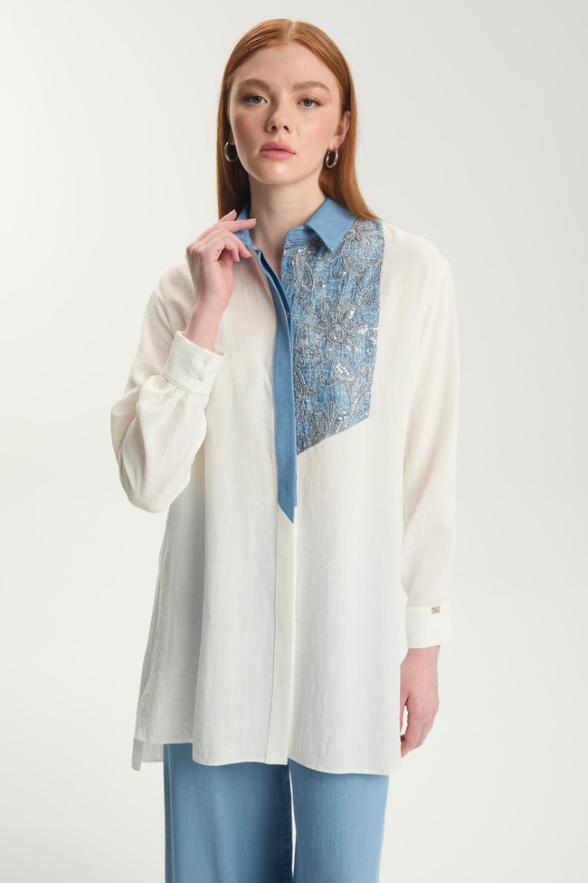 Çiçek İşlemeli Ekru Tunik T-1559