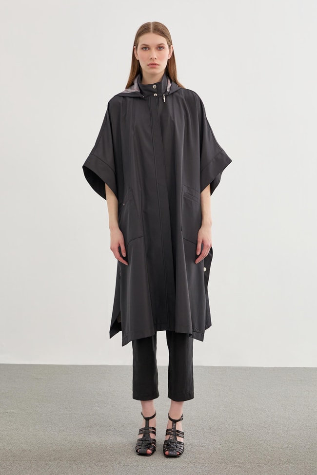 Hooded Pocket Detailed Black Poncho PNC-0007