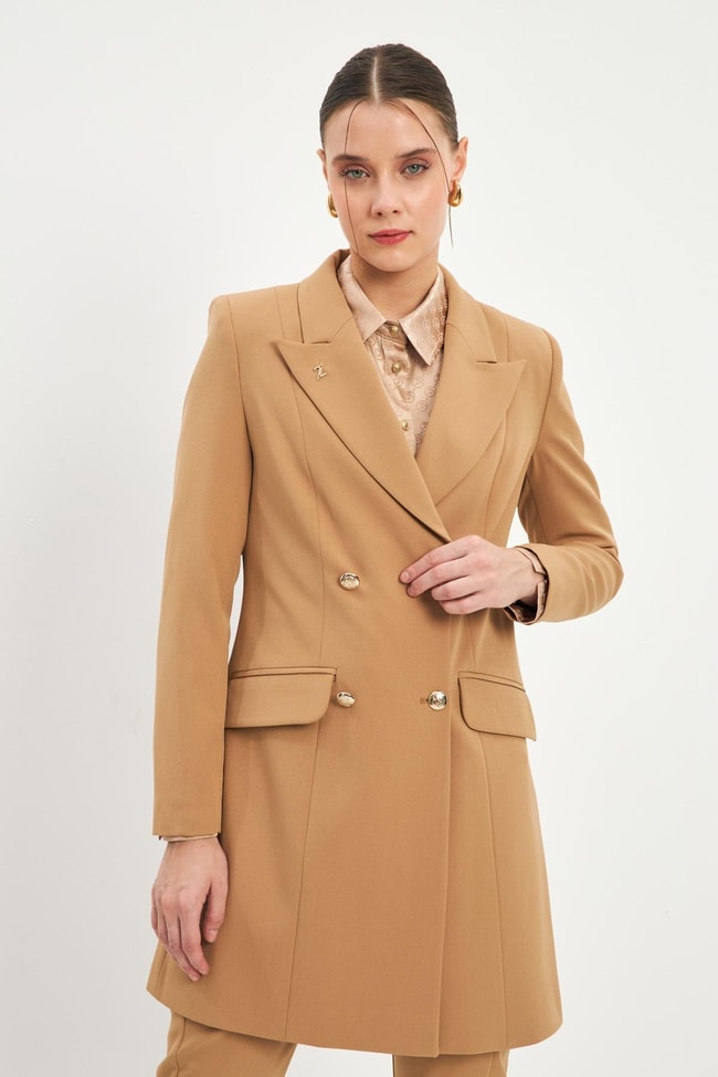 Kruvaze Yaka Blazer Bej Ceket C-0052