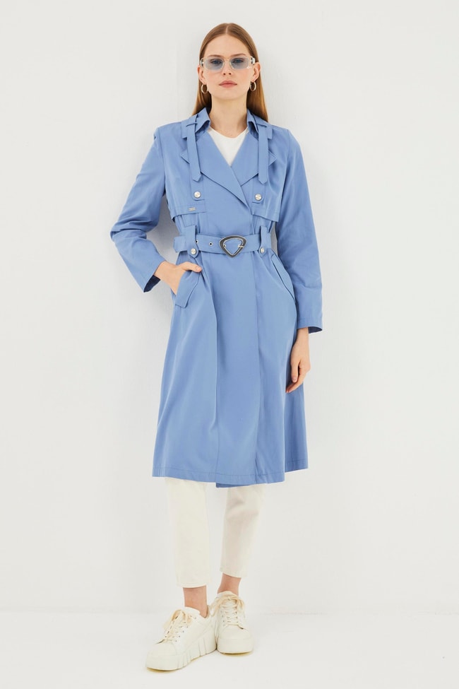 Double Breasted Collar and Belted Blue Trench Coat 12922
