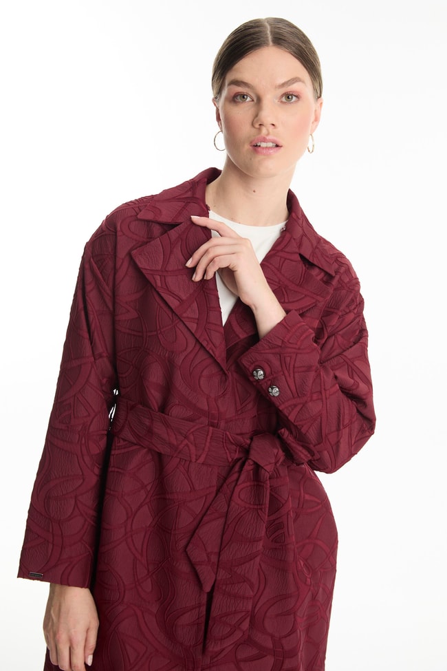 Kuşak Detaylı Desenli Bordo Giy Çık 13594