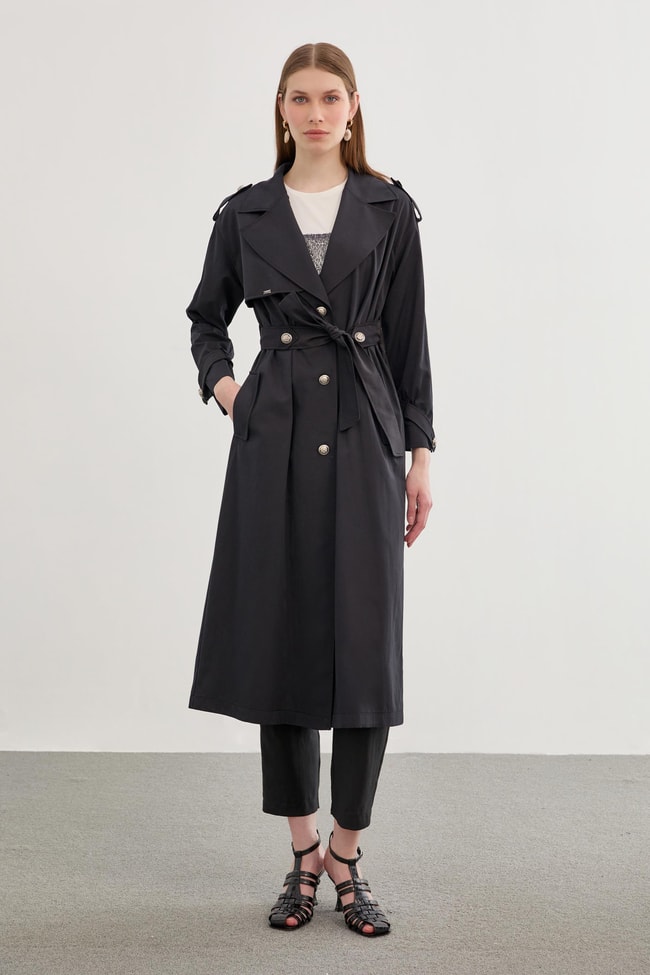 Shoulder Epaulette Buttoned Black Trench Coat 13459