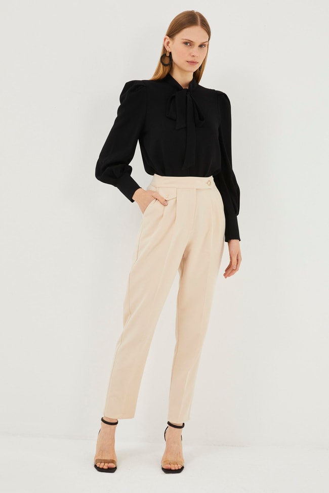 Yüksek Bel Bej Carrot-Fit Pantolon P-0179