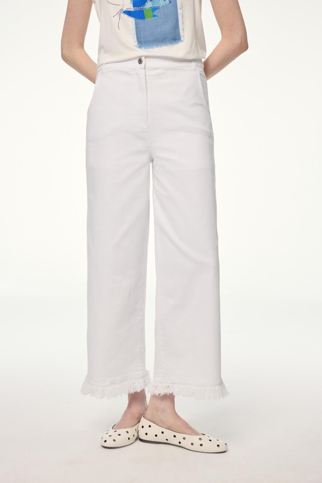 Paçası Püsküllü Denim Ekru Pantolon P-0186