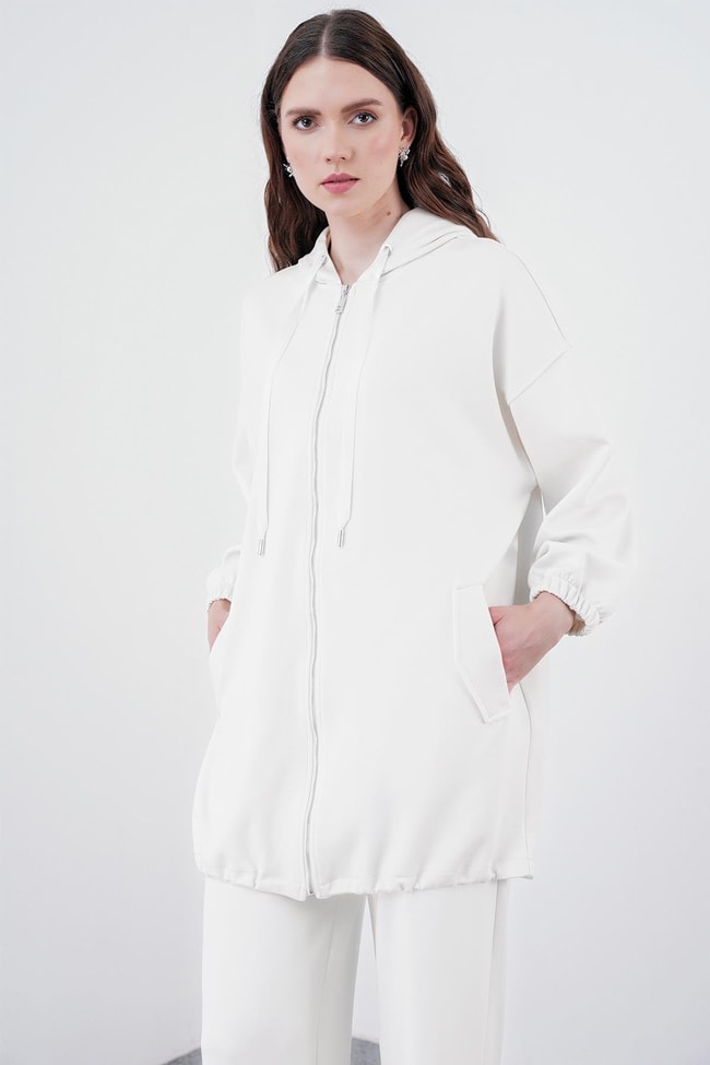 Comfort Fermuarlı Kapüşonlu Beyaz Sweatshirt C-0092