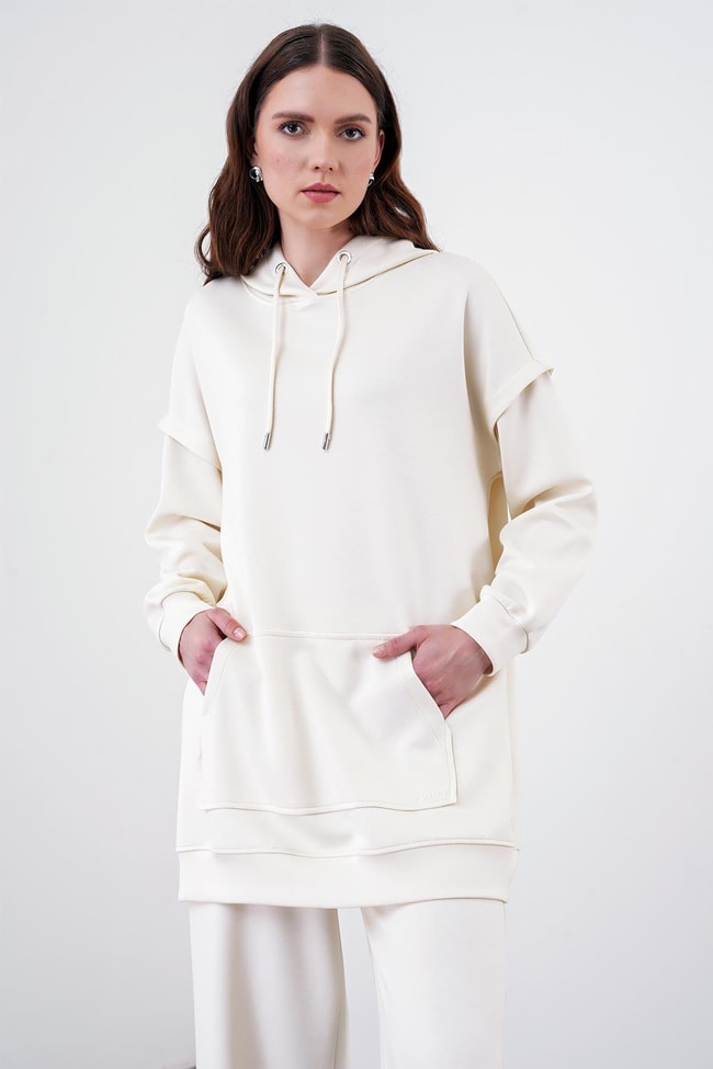 Comfort Kapüşonlu Ekru Sweatshirt T-1472