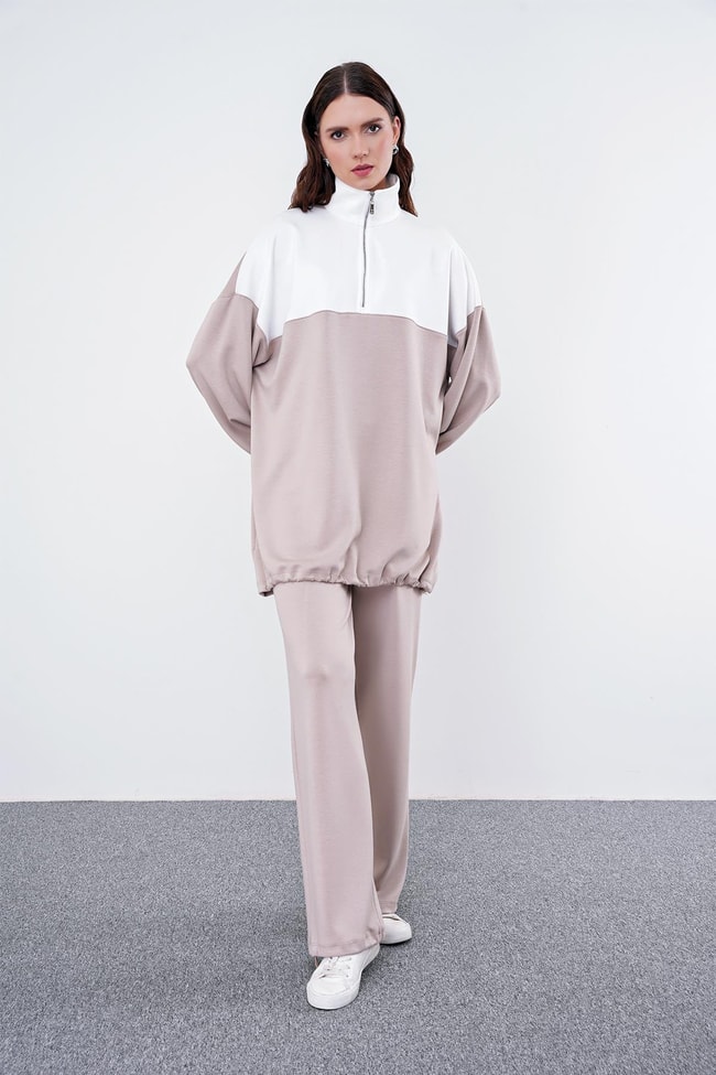 Comfort Renk Bloklu Bej/Beyaz Sweatshirt T-1467