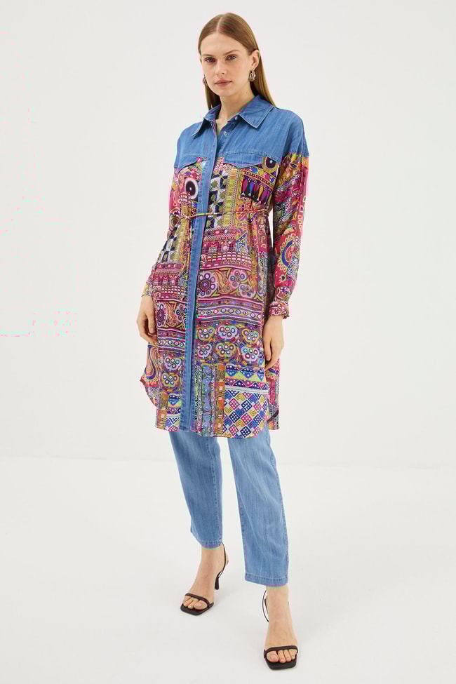 Denim Desenli Gömlek Yaka Mavi/Fuşya Uzun Tunik T-1441