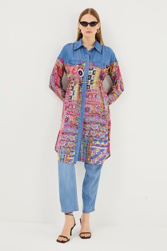 Denim Desenli Gömlek Yaka Mavi/Fuşya Uzun Tunik T-1441