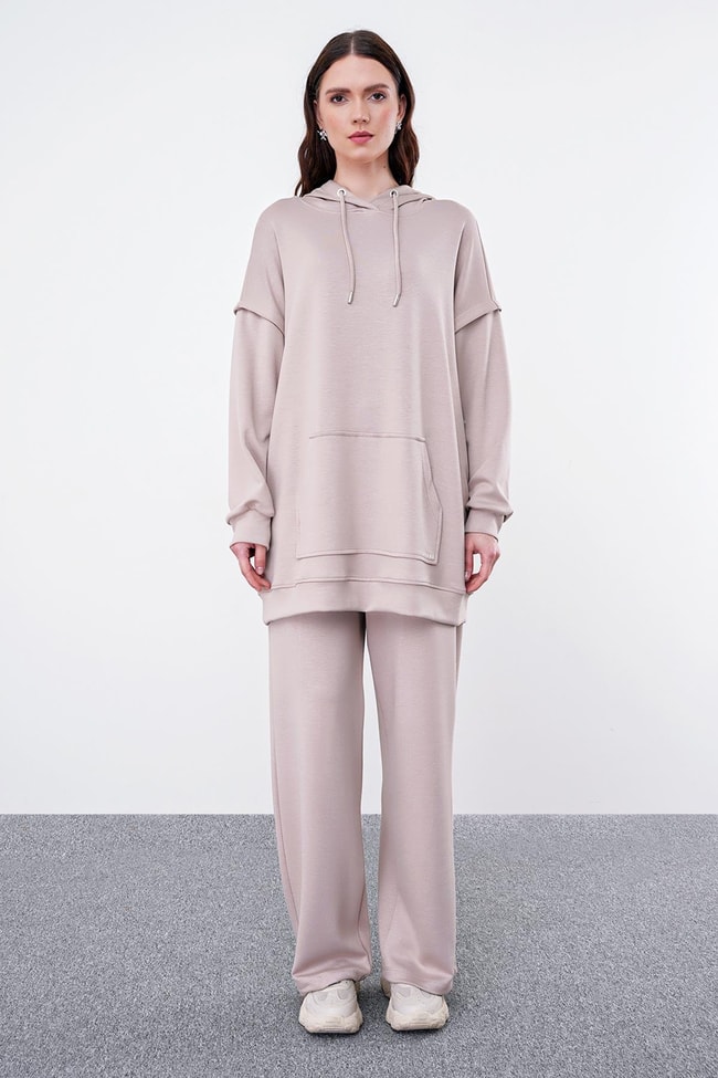 Comfort Kapüşonlu Bej Sweatshirt T-1472