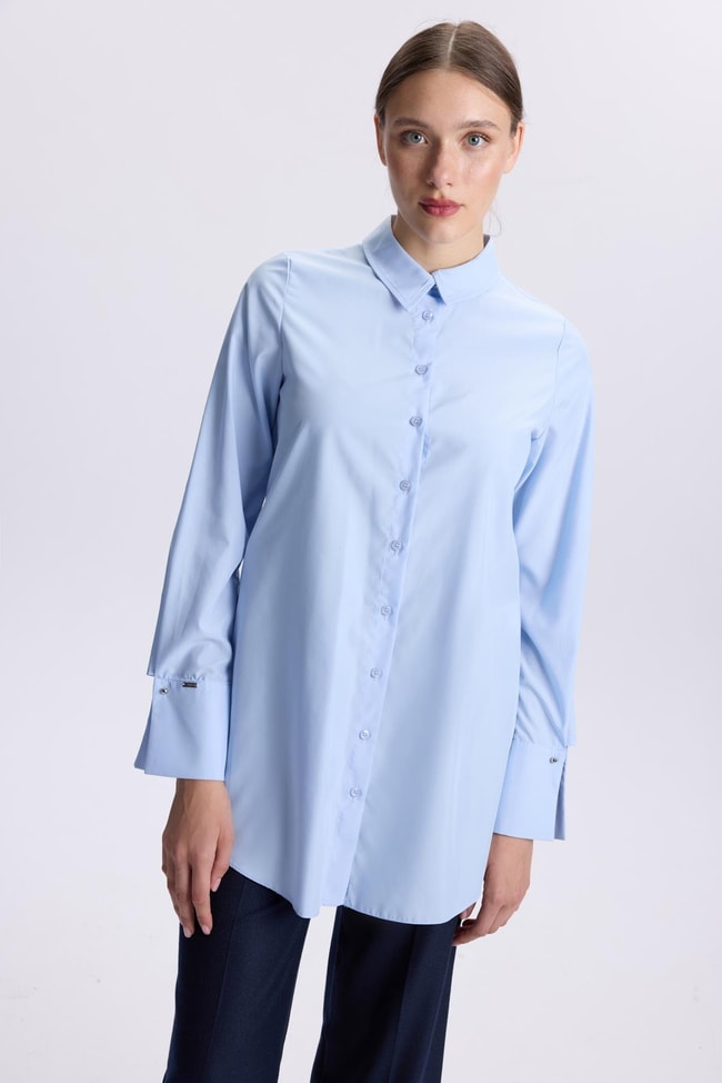 Kol Düğmeli Mavi Poplin Tunik T-1506