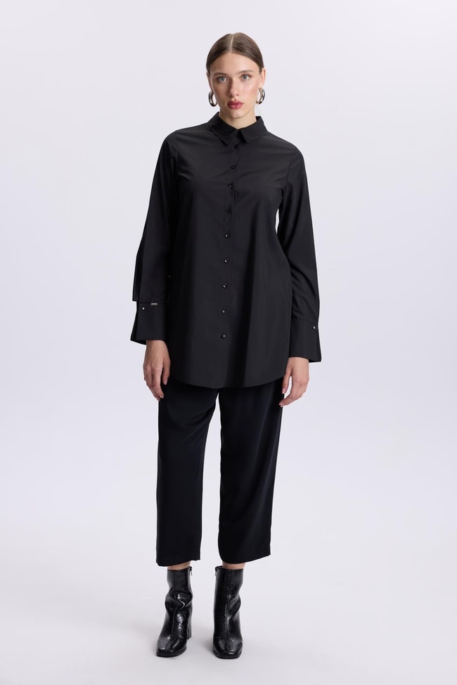 Kol Düğmeli Siyah Poplin Tunik T-1506