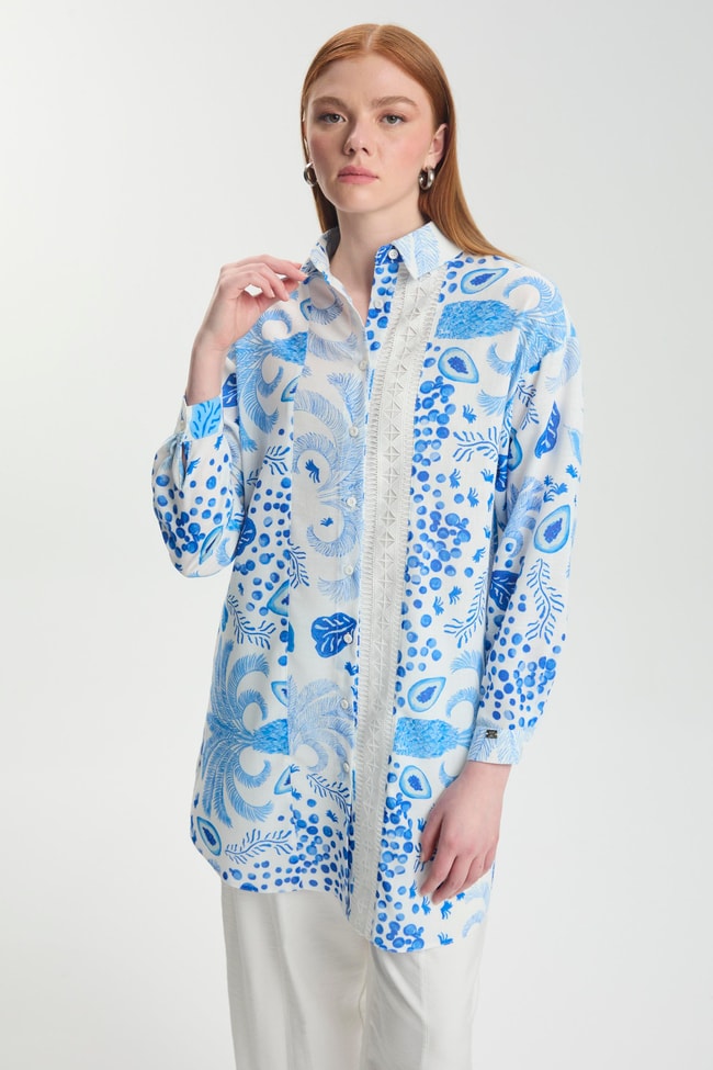Desenli Şerit Detaylı Mavi Tunik T-1570