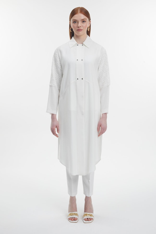 Gömlek Yaka Dantel Detaylı Uzun Ekru Tunik T-1575