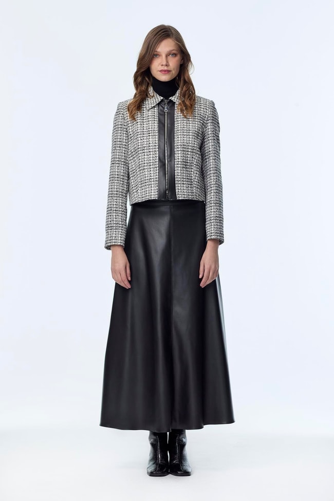 Tweed Desenli Deri Detaylı Ekru/Siyah İkili Takım TK-1658