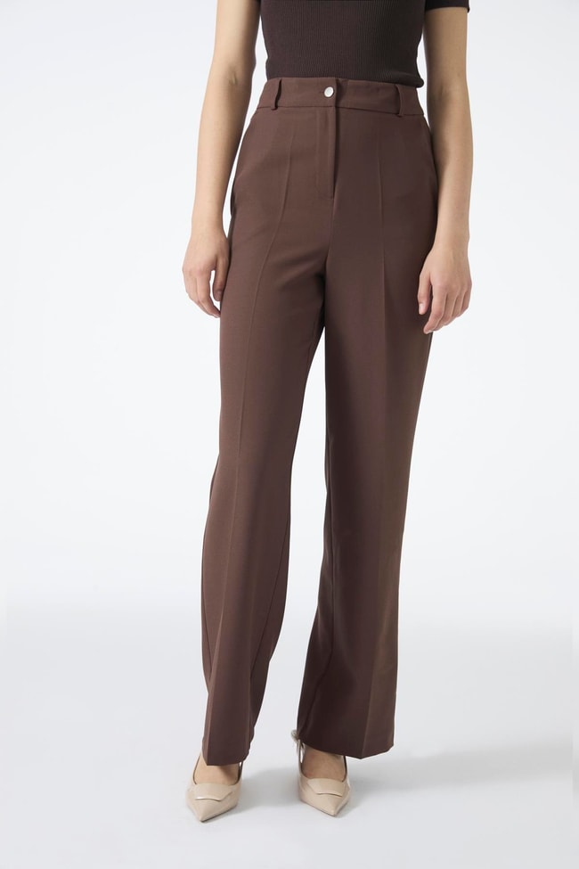 Yüksek Bel Rahat Kahve Kumaş Pantolon P-0196