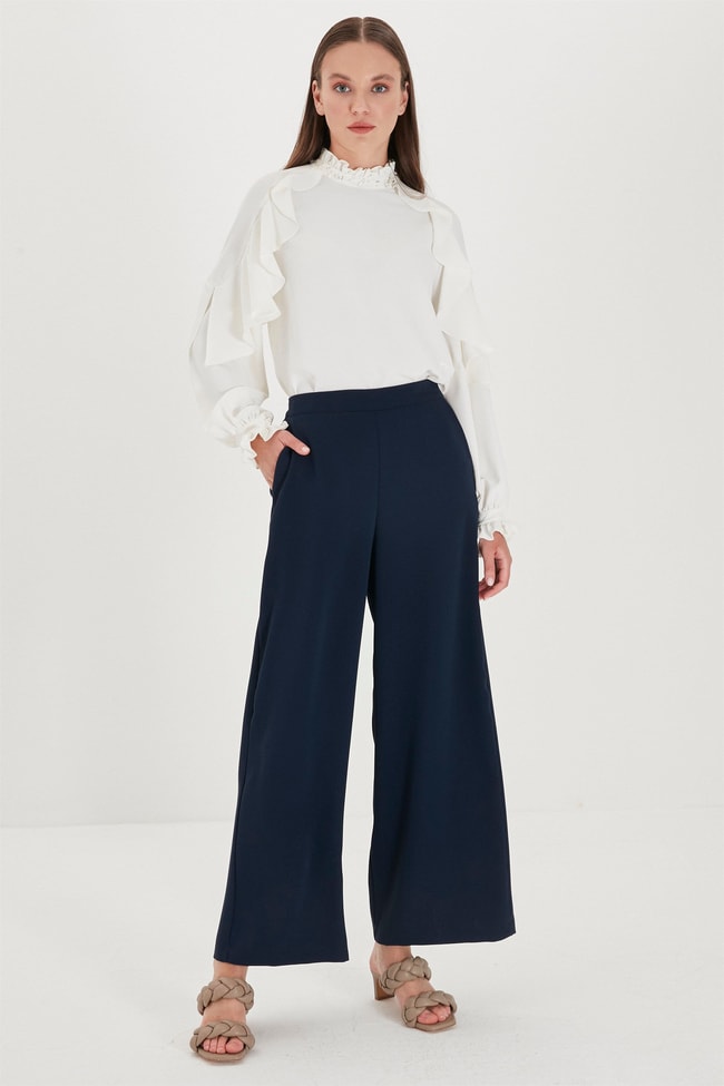 ZÜHRE Bol Paça Lacivert Kumaş Pantolon P-0013