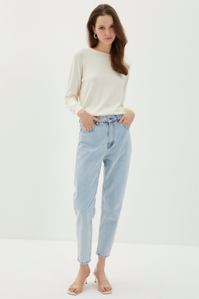 Denim Yüksek Bel Dar Paça Mavi Pantolon P-0137