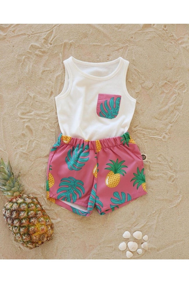 Çocuk Ananas Desenli Regular Fit Kolsuz Atlet Yüzme Şort Takım