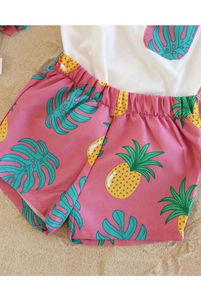 Çocuk Ananas Desenli Regular Fit Kolsuz Atlet Yüzme Şort Takım