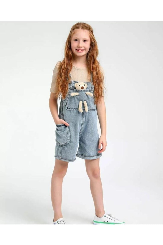 Çocuk Ayıcıklı Kot Denim Şortlu Salopet Tulum