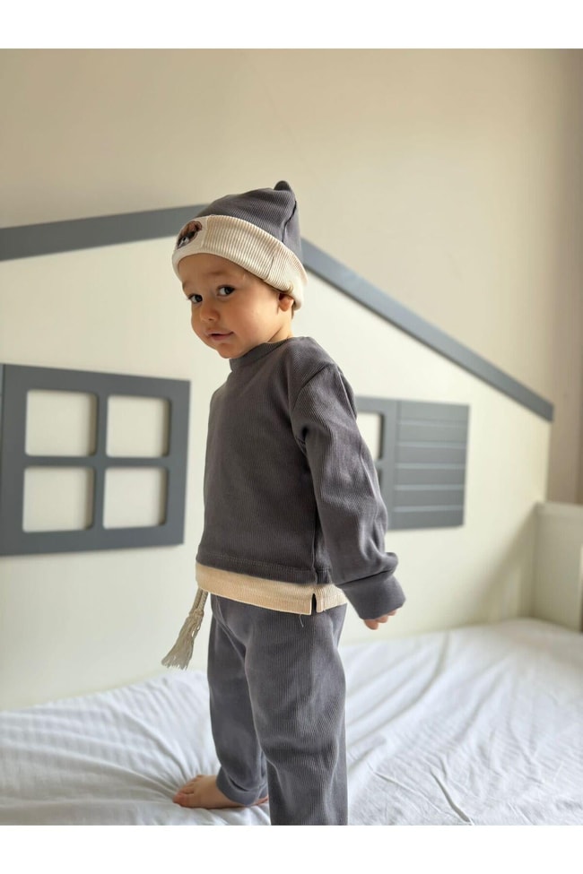 Çocuk Gri Pamuklu Kaşkorse Sweatshirt Eşofman Şapkalı Alt-Üst Takım