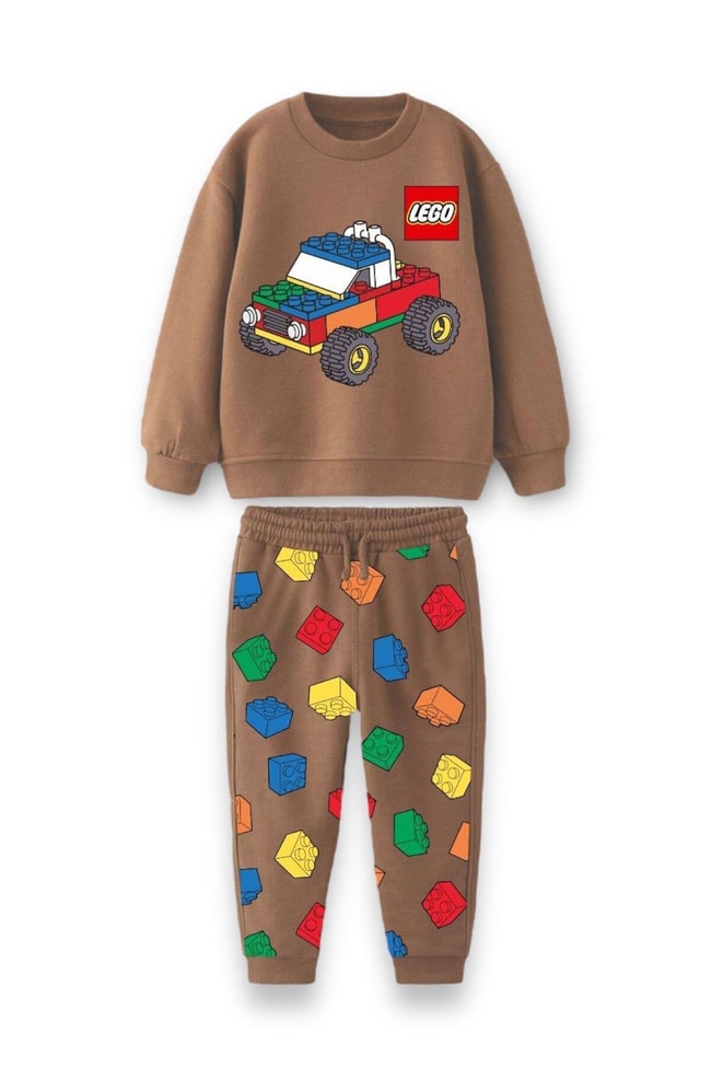 Çocuk Kahverengi Logo Desenli Pamuklu Sweatshirt Eşofman Alt-Üst Takım