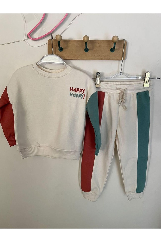 Çocuk Pamuklu Happy Baskılı Sweatshirt Jogger Eşofman Alt-Üst Takım
