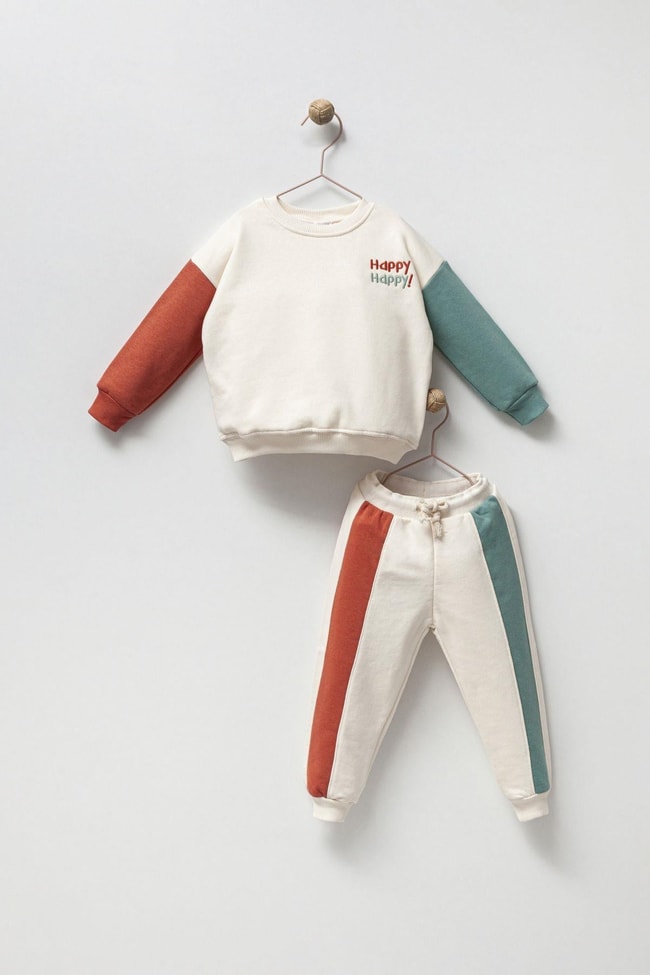 Çocuk Pamuklu Happy Baskılı Sweatshirt Jogger Eşofman Alt-Üst Takım