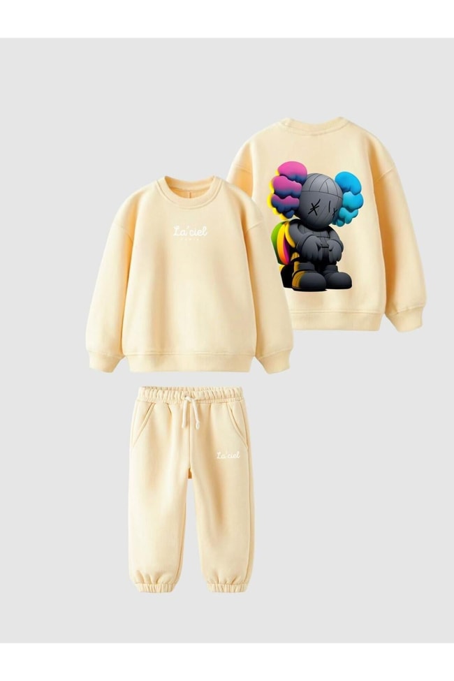 Çocuk Sarı Desenli Kaws Pamuklu Sweatshirt Eşofman Alt-üst Takım