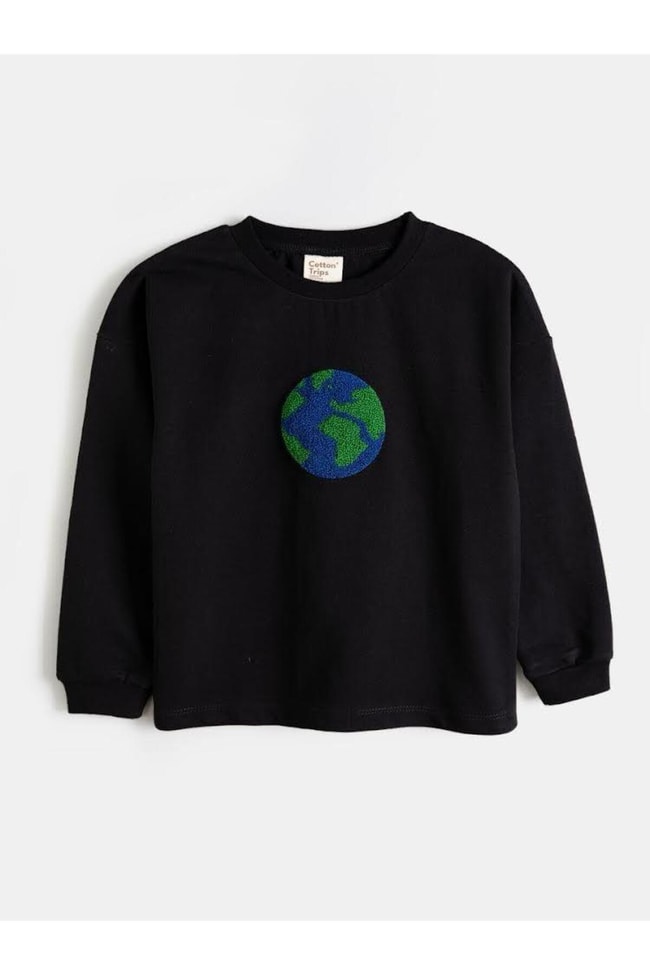 Çocuk Siyah Süzine Dünya Desenli Pamuklu Sweatshirt