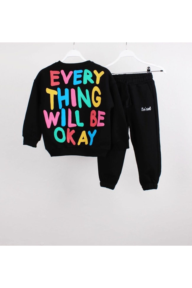 Çocuk Siyah Yazılı Pamuklu Sweatshirt Jogger Eşofman Alt-Üst Takım