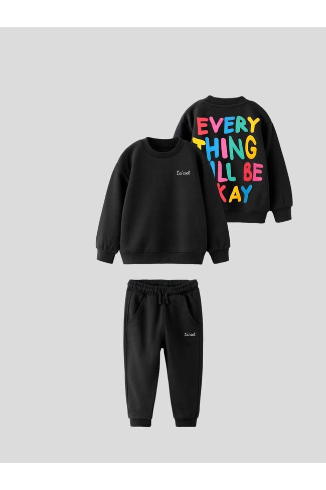 Çocuk Siyah Yazılı Pamuklu Sweatshirt Jogger Eşofman Alt-Üst Takım