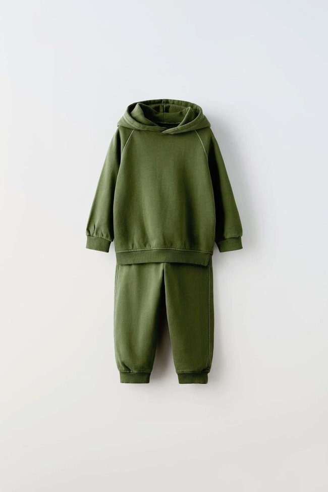 Çocuk Yeşil Kapüşonlu Pamuklu Sweatshirt Jogger Eşofman Takım