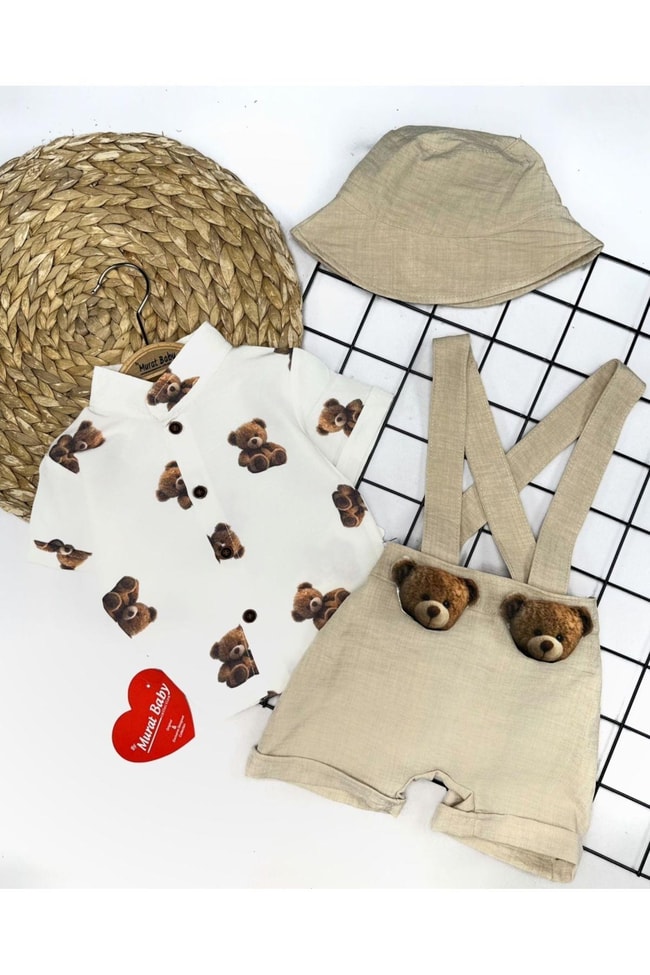 Erkek Bebek Ayıcık Desenli Gömlek Şapka Slopet