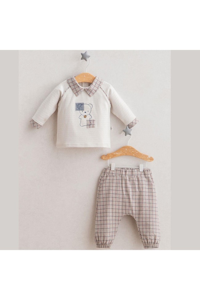 Erkek Bebek Ayıcıklı Ekose Desenli Pamuklu Kışlık  Sweatshirt  Alt-üst Takım