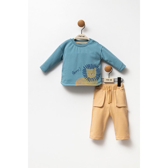 Erkek Bebek Safari Aslan Desenli Pamuklu Sweatshirt Eşofman Alt-Üst Takım