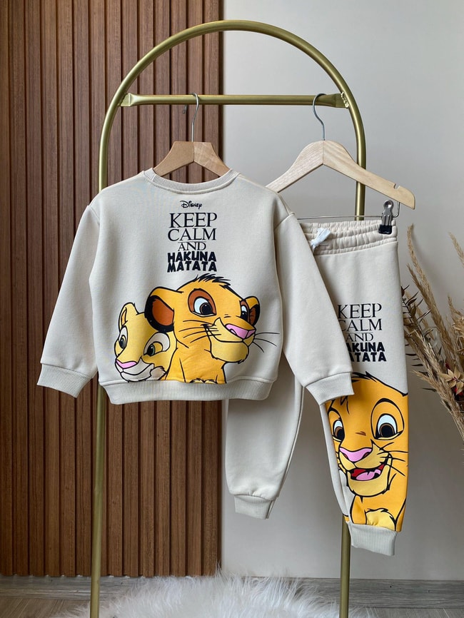 Erkek Çocuk Aslan Kral 3 iplik Kışlık Pamuklu  Sweatshirt Eşofman Alt-Üst Takım
