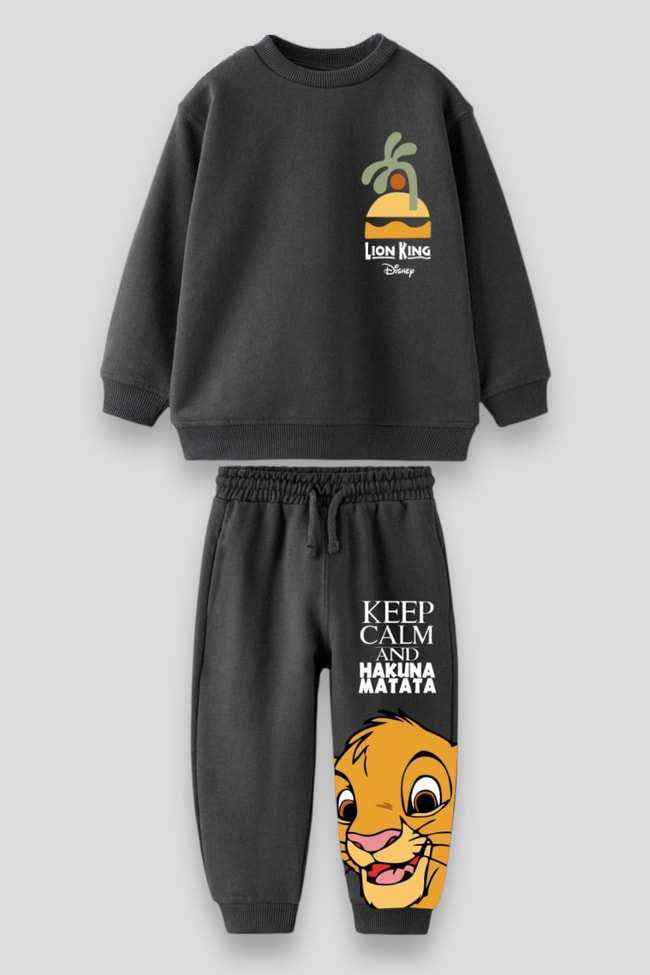 Erkek Çocuk Aslan Kral 3 iplik Kışlık Pamuklu  Sweatshirt Eşofman Alt-Üst Takım