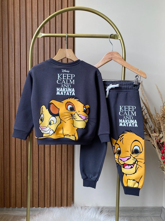 Erkek Çocuk Aslan Kral 3 iplik Kışlık Pamuklu  Sweatshirt Eşofman Alt-Üst Takım