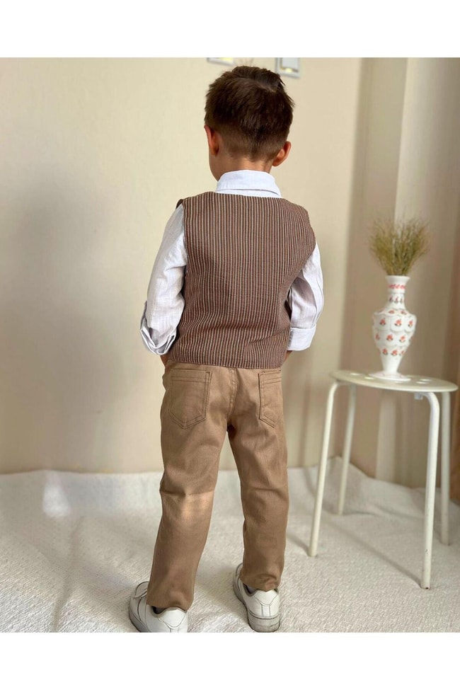 Erkek Çocuk Çizgili Bej Cepli Yelekli Pamuklu Gömlek Pantolon Alt-Üst Takım