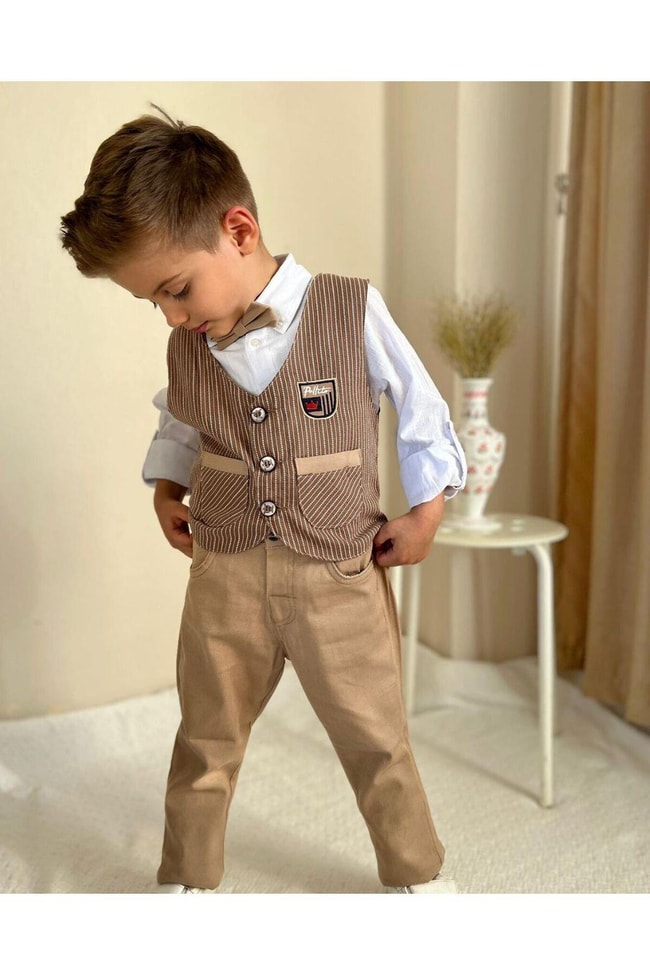 Erkek Çocuk Çizgili Bej Cepli Yelekli Pamuklu Gömlek Pantolon Alt-Üst Takım