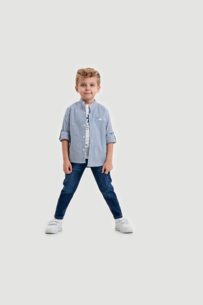 Erkek Çocuk Çizgili Gömlek T-shirt Kot Pantolon Alt-üst Takım