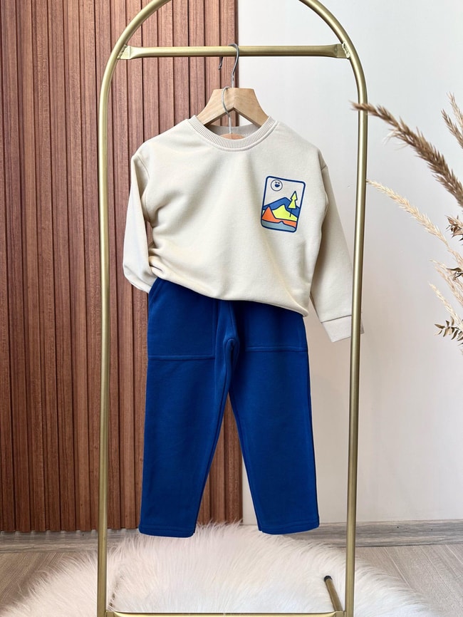 Erkek Çocuk Desenli 3 iplik Kışlık Pamuklu Sweatshirt  Eşofman Alt-Üst Takım