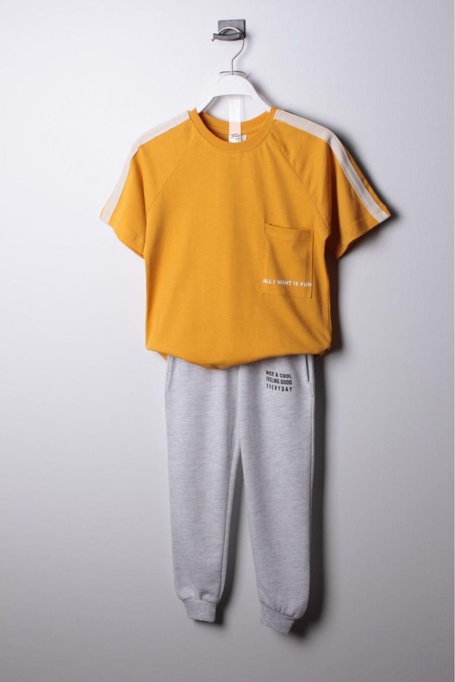 Erkek Çocuk Golf Desenli Şeritli Basic Pamuklu T-shirt Jogger Eşofman Alt-üst Takım