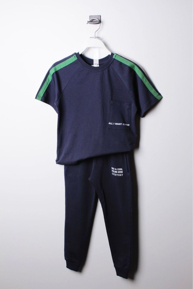Erkek Çocuk Golf Desenli Şeritli Basic Pamuklu T-shirt Jogger Eşofman Alt-üst Takım