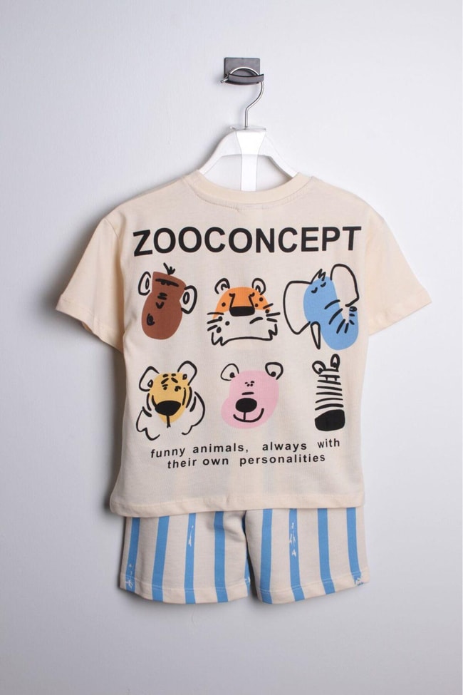Erkek Çocuk Hayvan Desenli Pamuklu T-shirt Çizgili Dokuma Şort Alt-Üst Takım