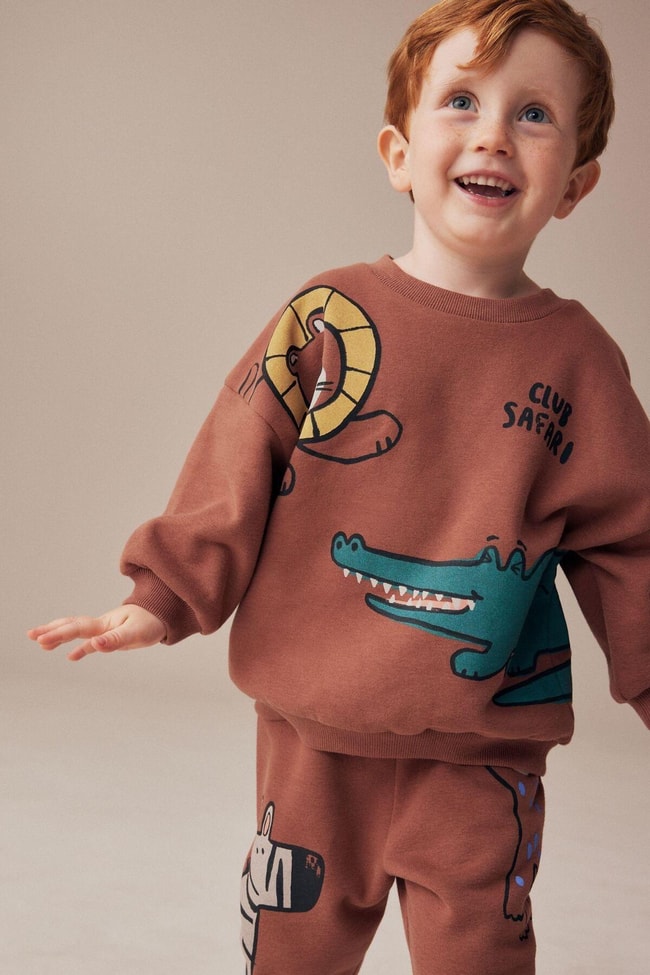 Erkek Çocuk Kahverengi Hayvan Desenli Kışlık 3 İplik Pamuklu Sweatshirt Eşofman Alt-Üst Takım