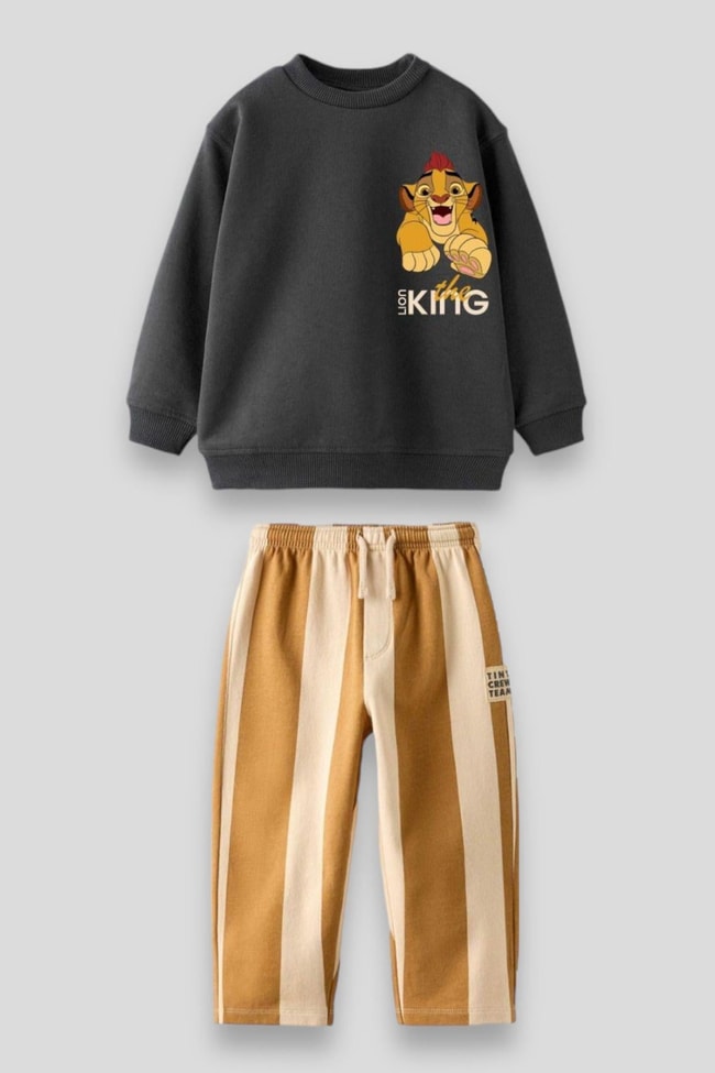 Erkek Çocuk Lion King Aslan Kral Desenli Kışlık 3 İplik Pamuklu Sweatshirt Eşofman Alt-Üst Takım